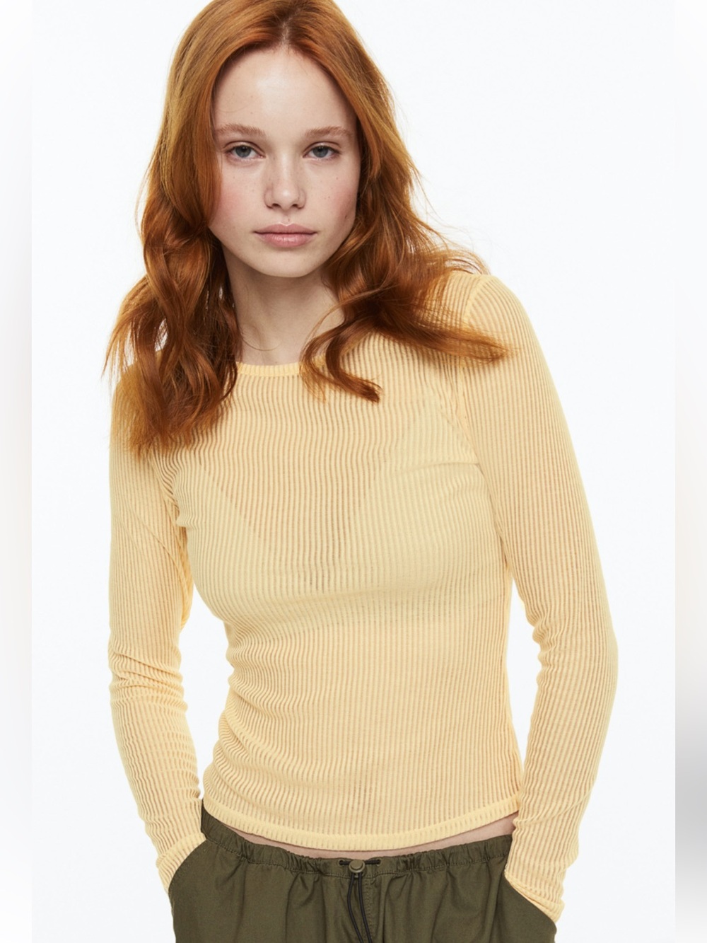 H&M Sheer Ribbed Long-Sleeve Top - Butter Yellow